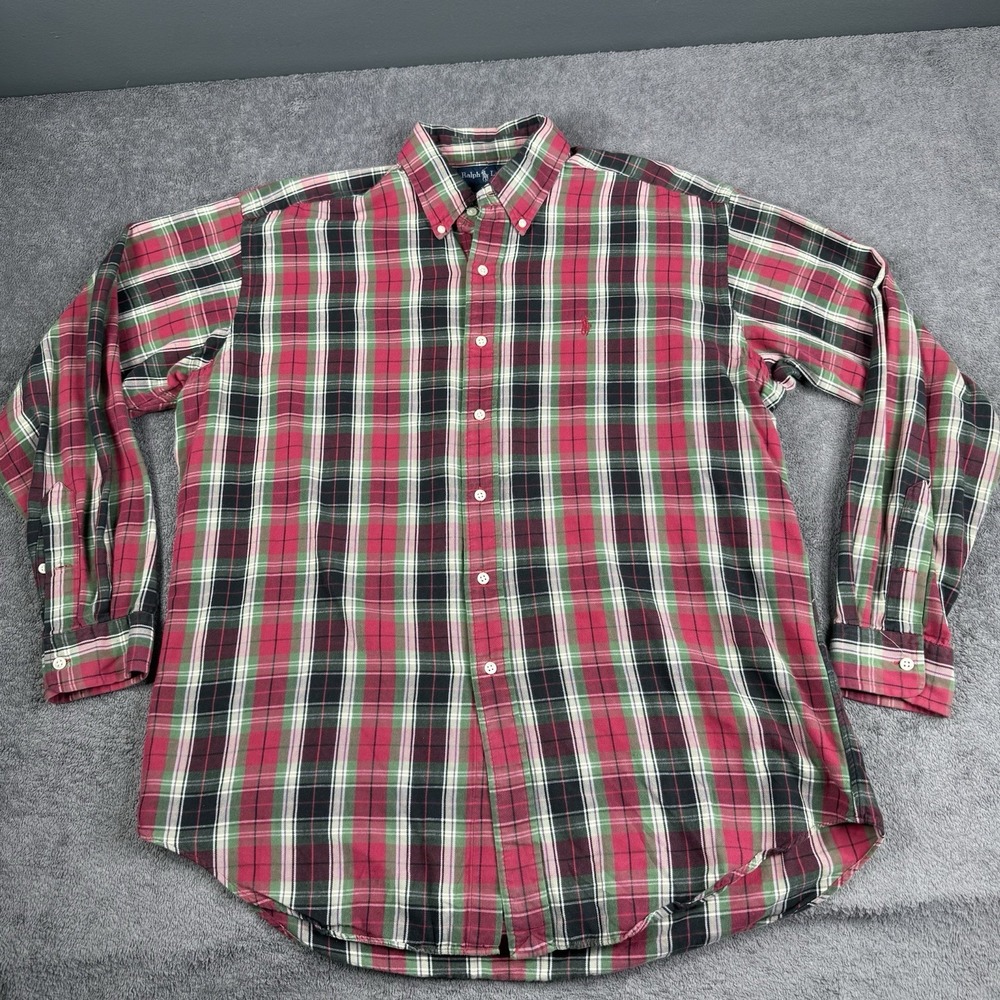 Ralph Lauren Blake‎ Large Plaid Button-Down Shirt Red Green Cotton Long Sleeve